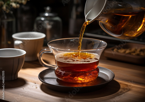 Illustration of pouring a tea into a glass. Traditional english tea. Tea time. Generative AI