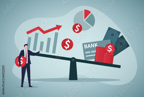 Investment plans or ratio. Man working on balance between stock market and savings flat vector illustration. Finance concept for banner, website design or landing web
