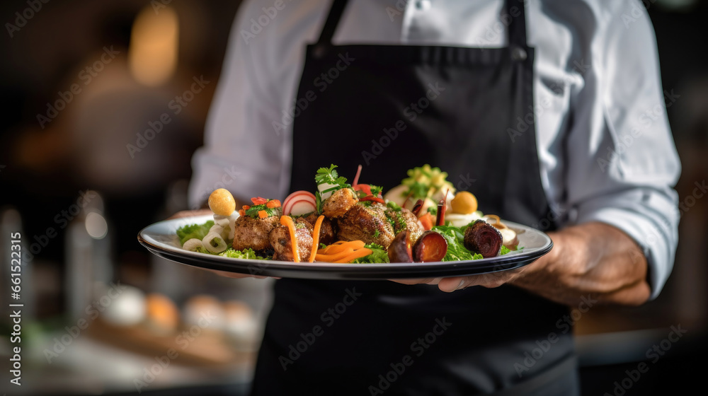 Close up on the hand of a waiter carrying food presentation in restaurant.