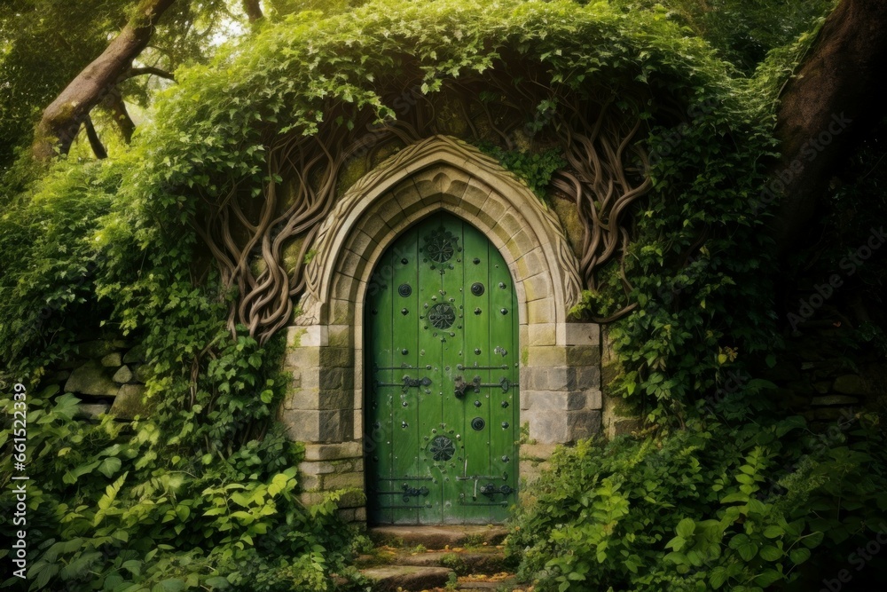 Charming Door green garden. Nature stone old. Generate Ai