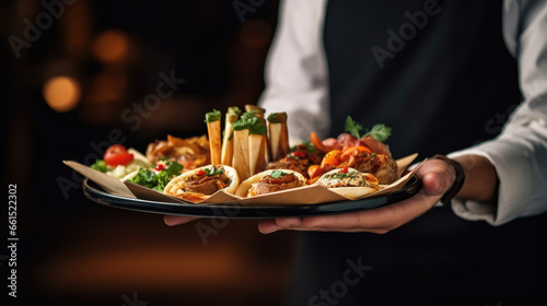 Close up on the hand of a waiter carrying food presentation in restaurant.