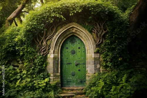 Charming Door green garden. Nature stone old. Generate Ai