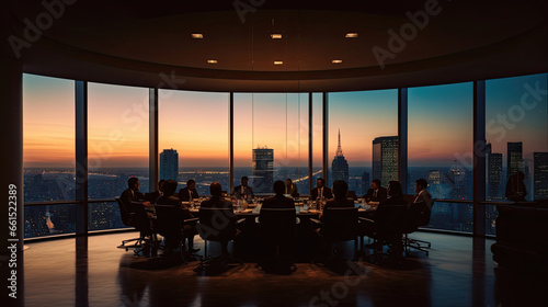 Silhouettes of business people in a meeting room with window behind them.