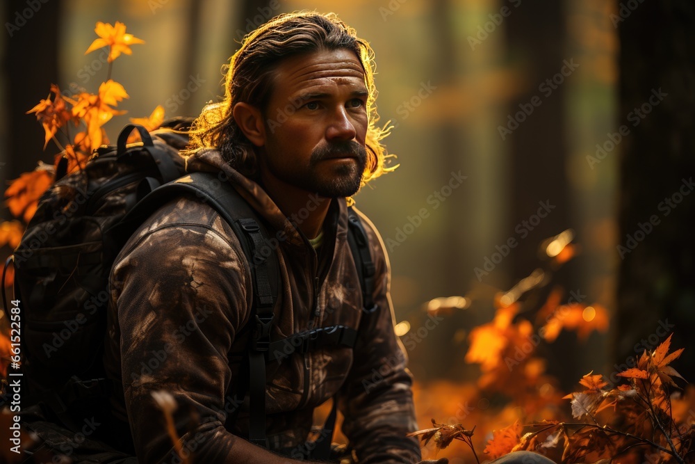 A striking portrait of a strong wildlife conservationist, seated in a serene forest setting. His determined gaze reflects a deep connection with nature and a commitment to environmental preservation.