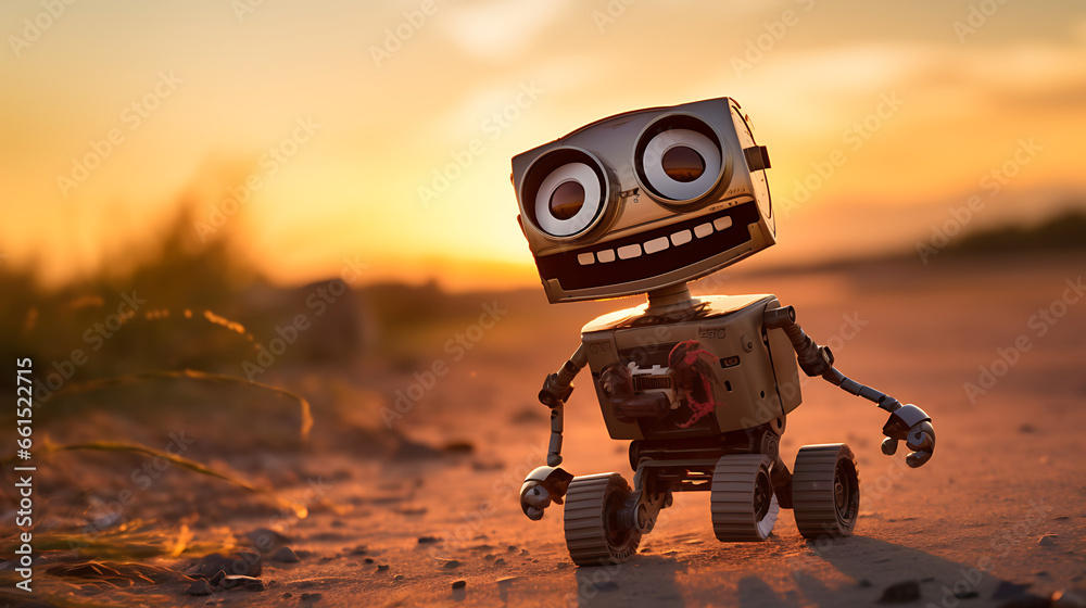 A laughing robot in the sunset, photography A laughing robot in the sunset, photography