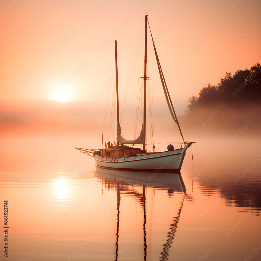 Sailboat on a misty dawn lake