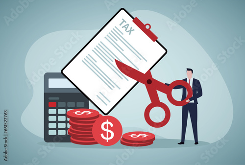 Employee holding scissors to cut banknotes. Reduction of income due to tax deduction for tiny man flat vector illustration. Taxation, debt concept for banner, website design or landing web page