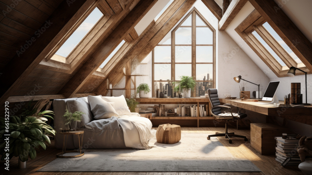 cozy attic space features exposed wooden beams and plush carpets A comfortable armchair sits beside a large window and a corner desk is tucked away in the corner cozy attic space features exposed wooden beams and plush carpets A comfortable armchair sits beside a large window and a corner desk is tucked away in the corner