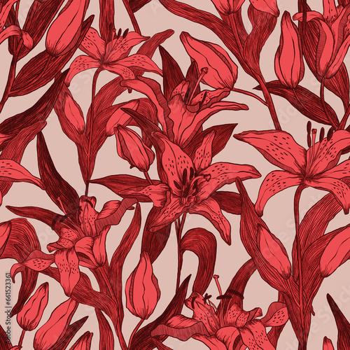 Wallpaper Mural Lilies. Seamless floral pattern with lilies. Pencil drawing. Pastel colors. Blooming floral pattern. Delicate flowers. Ornament for clothing, accessories, textiles and interior Torontodigital.ca