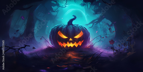 Halloween pumpkin in a creepy forest