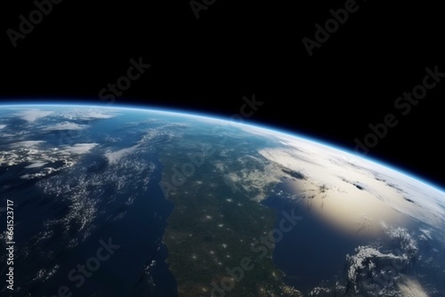 Realistic 3D rendering of Earth seen from space, satellite's horizon view. Generative AI