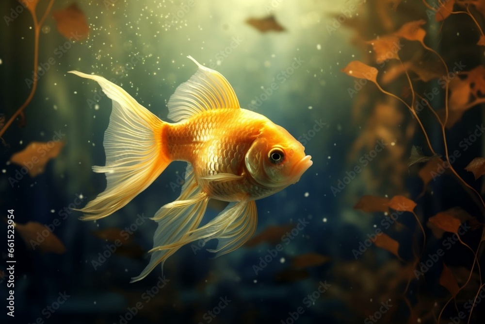 Golden fish in underwater scene with sunlight shining through. Generative AI