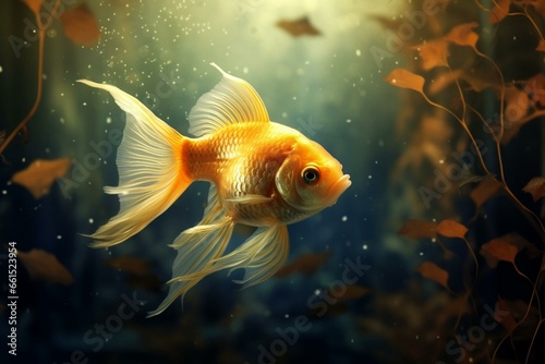 Golden fish in underwater scene with sunlight shining through. Generative AI © Kaida
