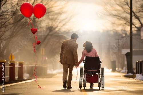 Valentine's Day concept. Disabled couple smiling together showing their love.