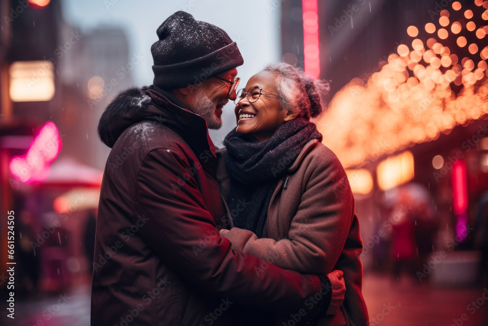 Valentine's Day concept. Elderly couple hugging on the street smiling with lots of love.