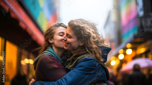 Valentine's Day concept. Couple of two women hugging on the street smiling with a lot of love. © Alfonso Soler