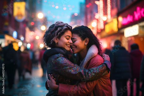 Valentine's Day concept. Couple of two women hugging on the street smiling with a lot of love.