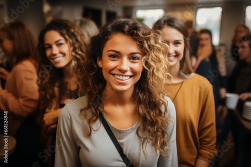 Portrait d'une femme ravissante et souriante, à l'intérieur d'un bâtiment, ultra réaliste dans une atmosphère de travail ou entre amis