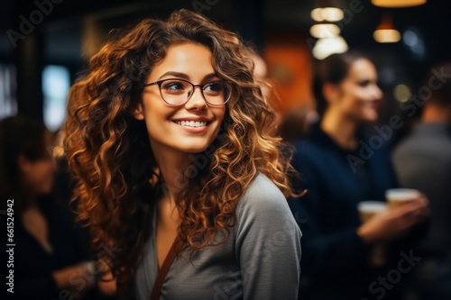 Portrait d'une femme ravissante et souriante, à l'intérieur d'un bâtiment, ultra réaliste dans une atmosphère de travail ou entre amis