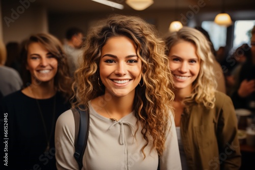 Portrait d'une femme ravissante et souriante, à l'intérieur d'un bâtiment, ultra réaliste dans une atmosphère de travail ou entre amis