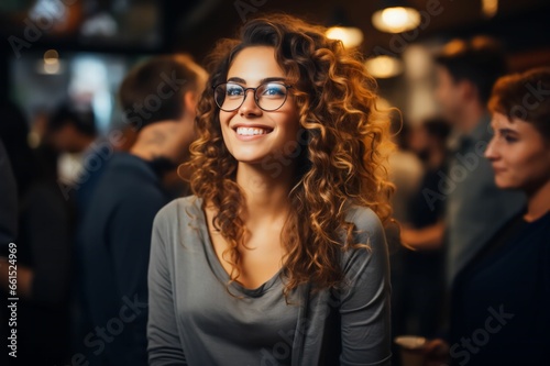 Portrait d'une femme ravissante et souriante, à l'intérieur d'un bâtiment, ultra réaliste dans une atmosphère de travail ou entre amis photo