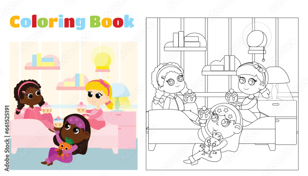 Coloring for children. The children had a pajama party. The girls are dressed in pajamas and are in the bedroom. The bedroom has a bed, a bedside table and a lamp.