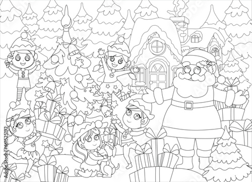 Coloring Pages. Santa Claus with elves outside near the Christmas tree. Winter landscape near Santa s snowy house. Mood of happiness and joy.