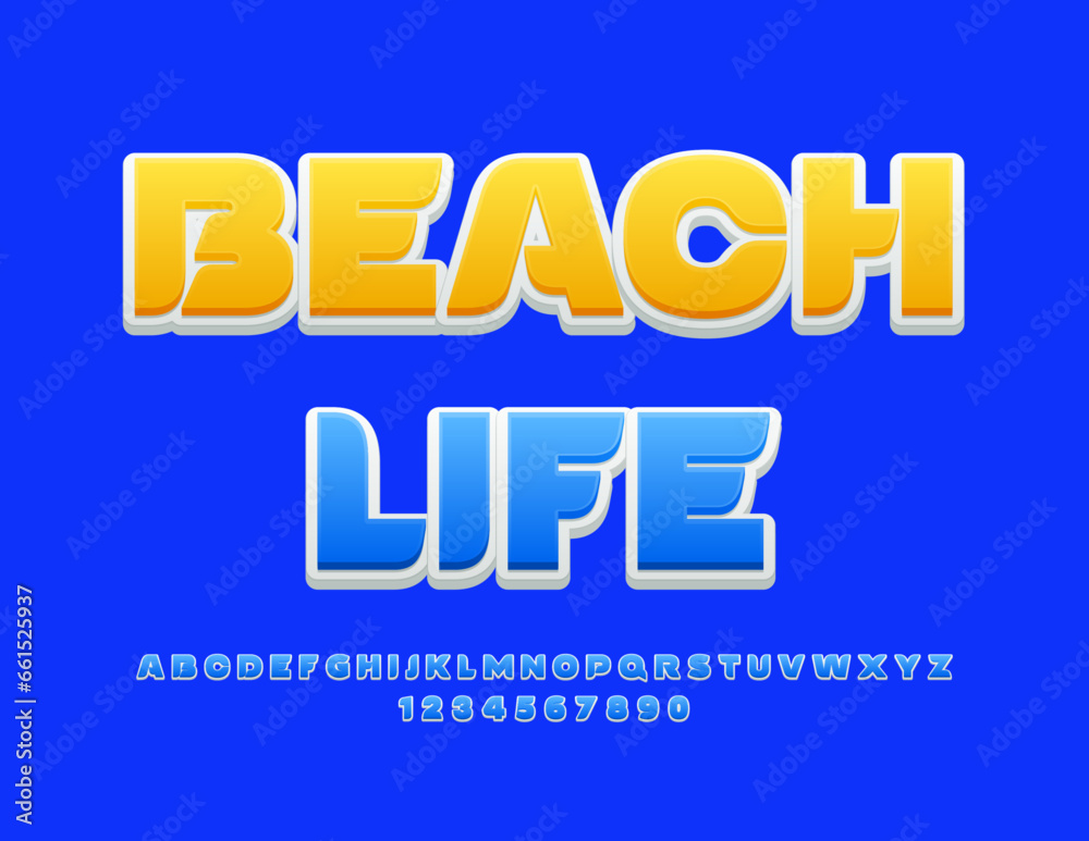 Vector advertising poster Beach Life. Uppercase Blue Font. Artistic Alphabet Letters and Numbers