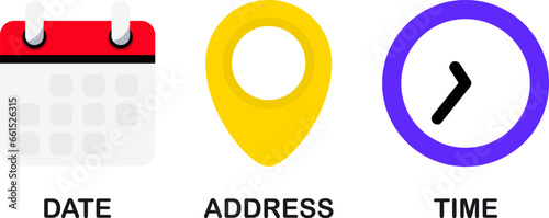 Date, time, address symbol. Date, time, location pointer icon in different styles. Calendar, map, place, address, timer icons. Location place, date reminder, clock