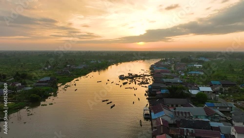 Floating market activities in Lok Baintan, South Kalimantan shot from drone photo