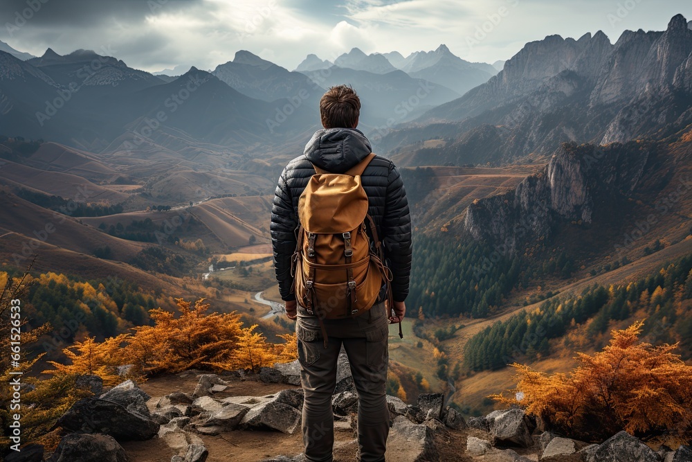 tourist with backpack in the mountain rear view.