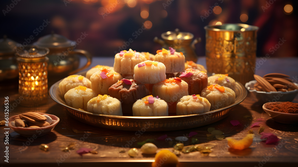 Showcase the deliciousness of Diwali by capturing the detailed textures and colors of traditional Indian sweets like mithai and laddoo. Emphasize the artistry in their presentation. 
