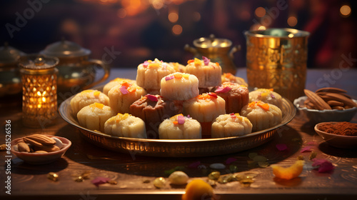 Showcase the deliciousness of Diwali by capturing the detailed textures and colors of traditional Indian sweets like mithai and laddoo. Emphasize the artistry in their presentation. 