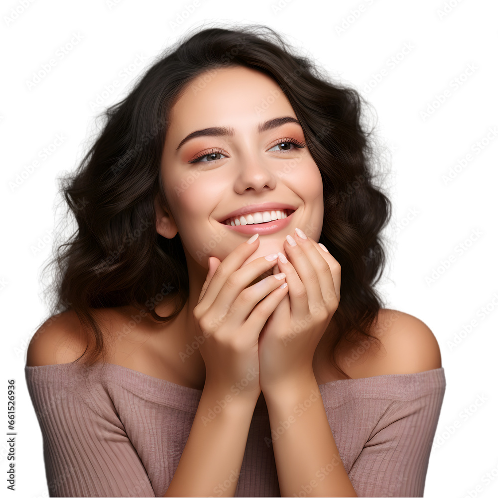 Joyful lady touch hands cheeks complexion enjoy aesthetic ideal perfect