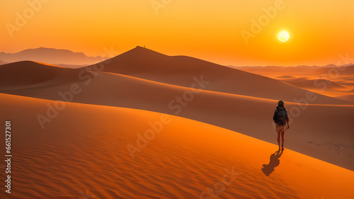 Journey of Solitude: Exploring Endless Desert at Sunrise, Generative AI