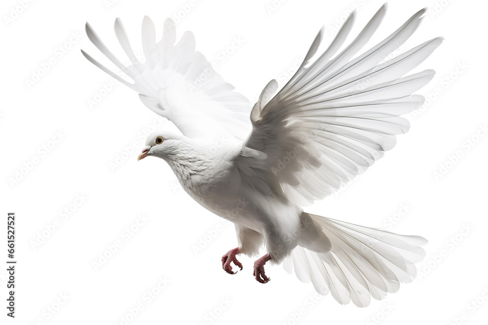 Obraz premium A free flying white dove of peace isolated on transparent or white background. Generative AI