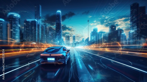 AI in Transportation Futuristic Background for Self-Driving Vehicles.technology concept.Sports Car On Neon Highway. 