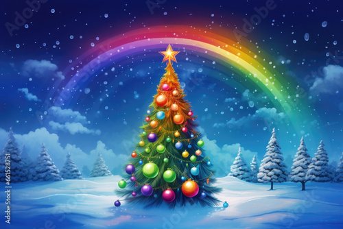 Wallpaper Mural A picturesque New Year tree, aglow with rainbow-hued decorations, adding a touch of enchantment to the snow-clad field Torontodigital.ca