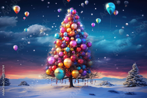A merry New Year tree, its branches adorned in vibrant colors, standing gracefully on a snowy plain, radiating happiness