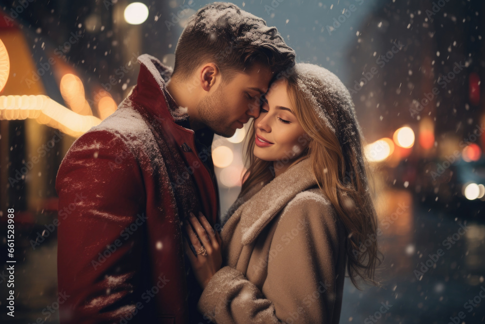 In the midst of a winter night, a loving pair embraces tenderly, finding warmth in each other's arms on the city street, their connection illuminated by the city's nightly glow