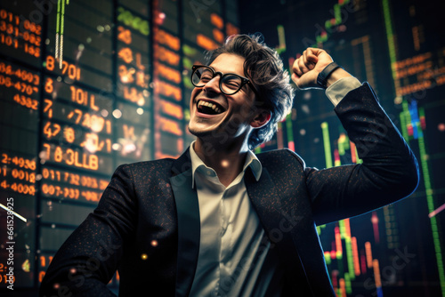 A triumphant businessman and cryptocurrency trader exults while analyzing stock market charts, embodying triumph and financial growth photo