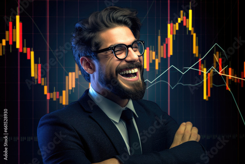 A successful entrepreneur and crypto enthusiast celebrates amidst charts displaying soaring stock market indicators, reflecting achievement and prosperity
