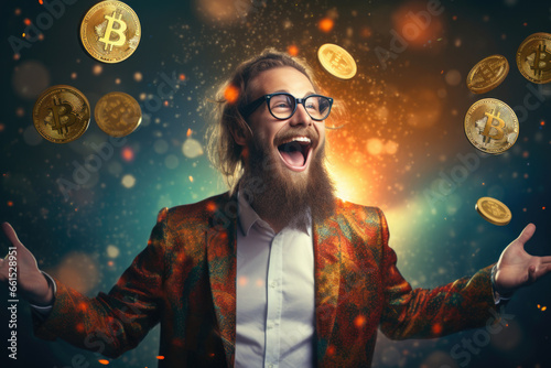 A successful entrepreneur and crypto enthusiast celebrates amidst charts displaying soaring stock market indicators, reflecting achievement and prosperity photo