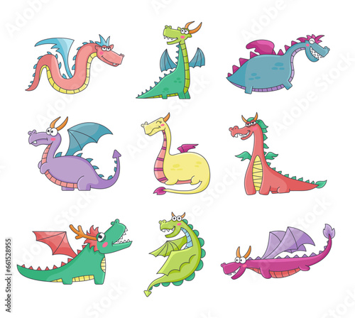 Happy funny dragon. Cute character. Fairytale monsters. Hand drawn style. Vector drawing. Collection of design elements.
