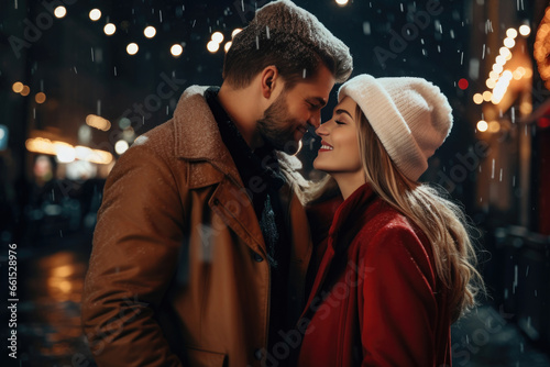 Embraced in the chill of a winter evening, a young couple stands, sharing a loving hug, their silhouettes framed by the glow of city lights, symbolizing their affection
