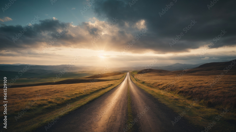 Lonely road with sky and mountains