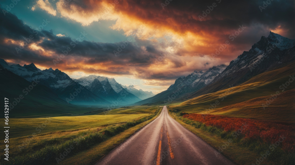Lonely road with sky and mountains