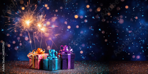 New Year Christmas background with gifts burning sparklers. Banner, place for text