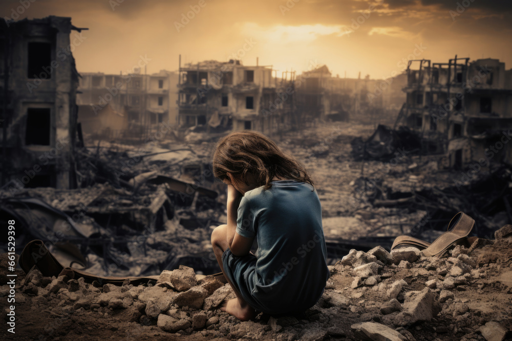 A child's dream of a peaceful world is shattered by the reality of war. The image is a call for peace and understanding - obrazy, fototapety, plakaty 