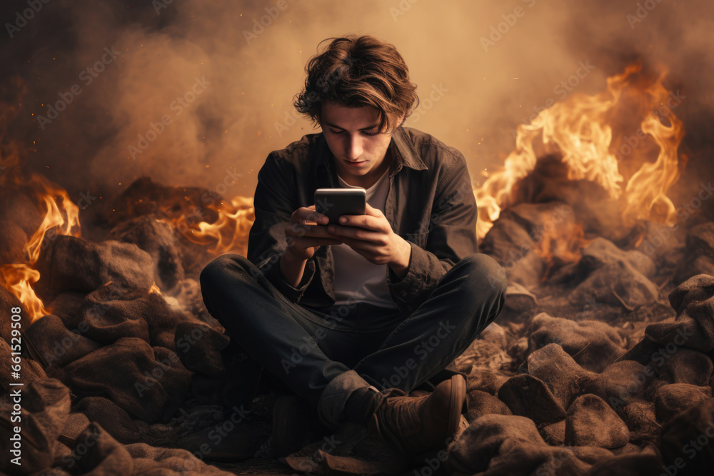Mobile phone and internet addiction concept. A young man holds a mobile phone in his hands and everything around him is on fire. Mobile phone and internet addiction concept. A young man holds a mobile phone in his hands and everything around him is on fire.